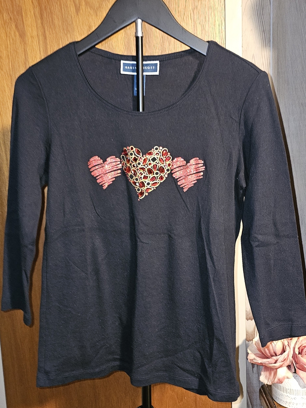 Karen Scott Black Long Sleeve Top with Red Embellished Hearts